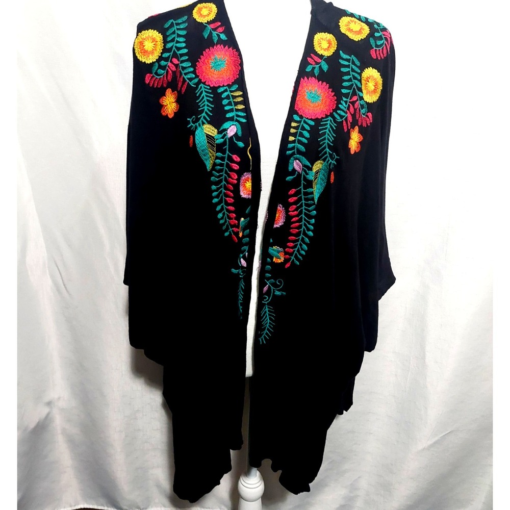 Scrap Work Womens M/L Boho Kimono Cardigan Black Floral Embroidery Semi Sheer